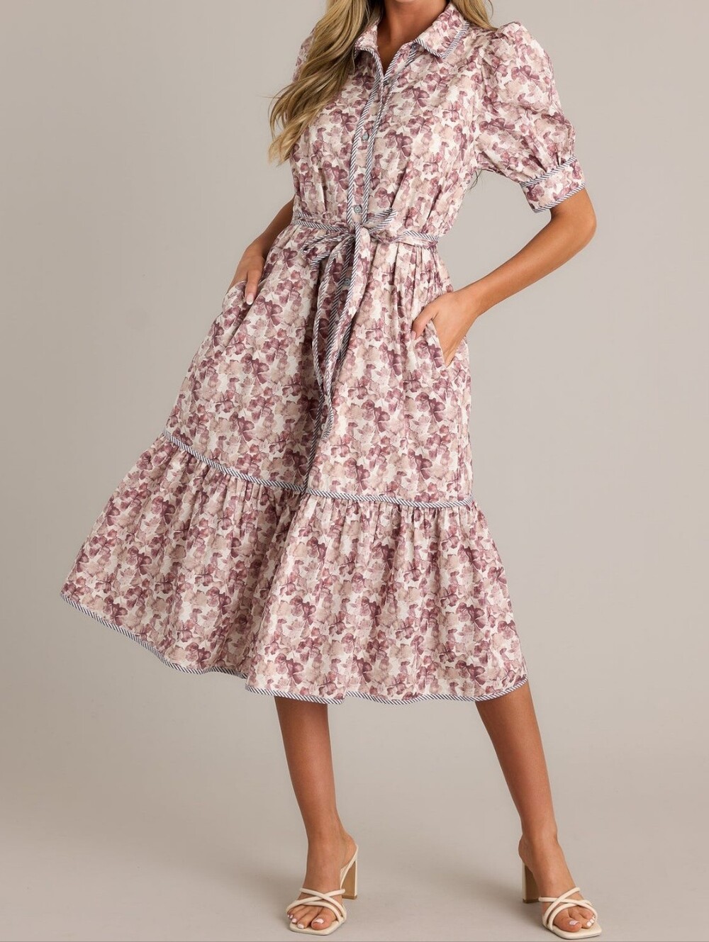 NWT Entro Brown Floral Midi Shirt Dress with Tie Waist - S - Picture 7 of 8